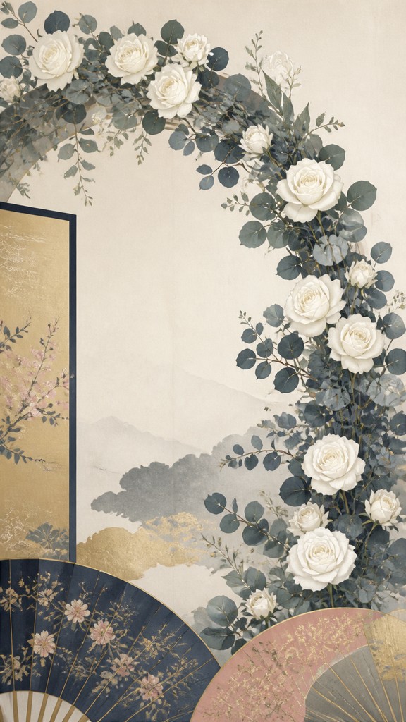 an arch of white roses and eucalyptus in soft morning light, elegant vertical composition with open space, no text