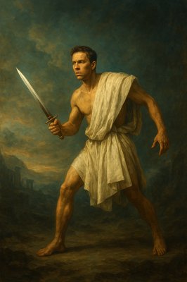 a painting of a man holding a sword