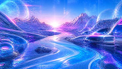 a vast valley with a river winding toward distant mountains at sunrise, no people, no text