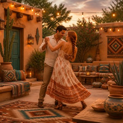 an original couple dancing under string lights in a garden at dusk: a man with short black hair in a linen shirt and a woman with braided red hair in a summer dress