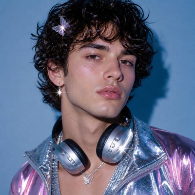 head-and-shoulders portrait of an original character: a young man with curly dark hair and headphones around his neck, plain backdrop, no text