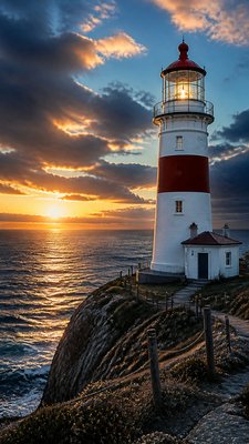a lone lighthouse on a cliff at dusk under a dramatic sky, no text or lettering