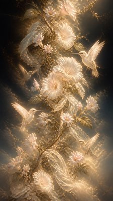 a climbing vine of flowers and hummingbirds on a dark background, tall wrapping composition, no text