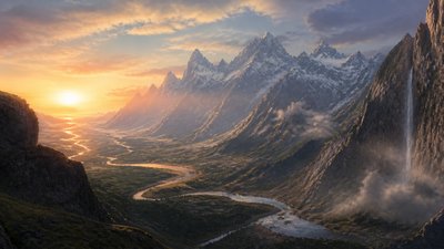 a vast valley with a river winding toward distant mountains at sunrise, no people, no text