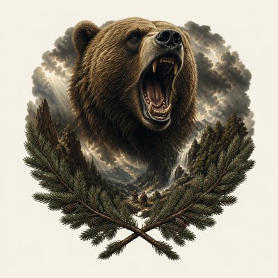a roaring bear head above crossed pine branches, bold graphic composition on a plain background, no text