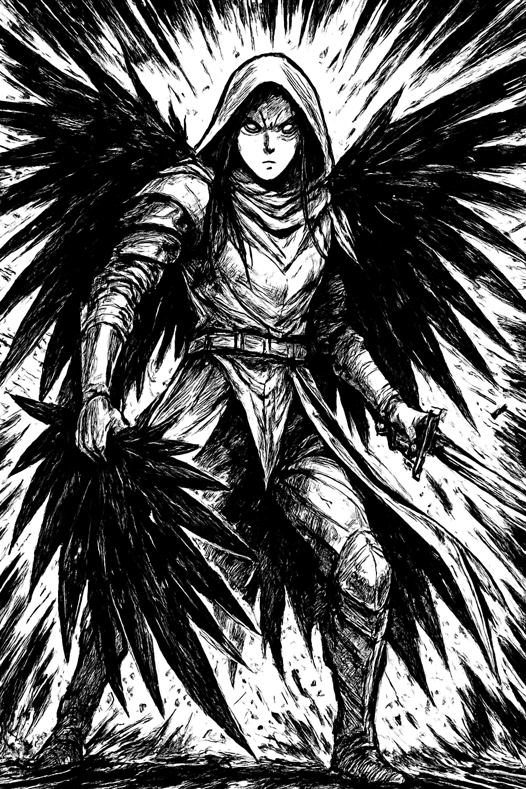 a black and white drawing of an angel