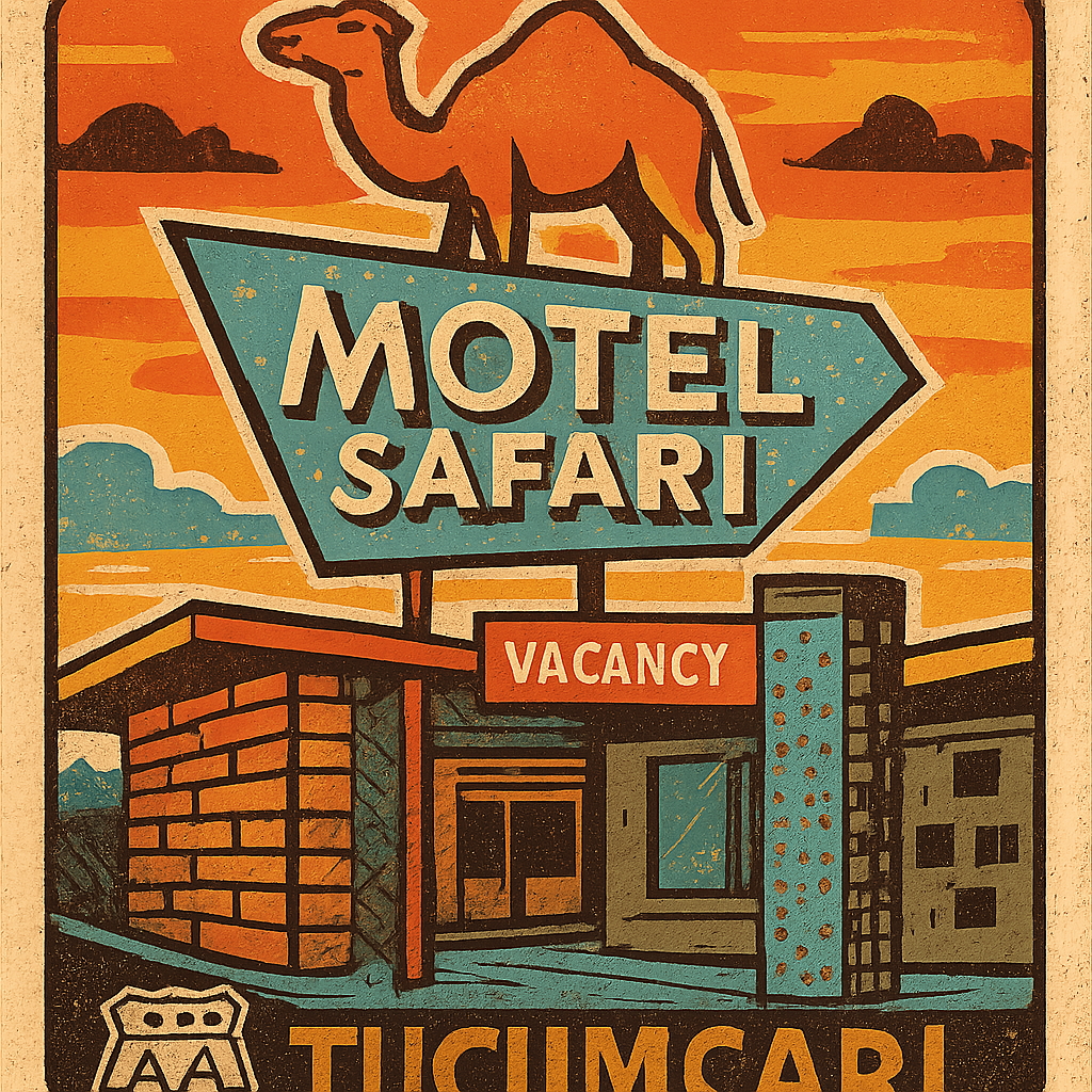 Create an image of the Motel Safari in Tucumcari, showcasing its distinctive Doo Wop or Googie architectural style. The design should feature counter-stacked brickwork with oozing mortar, cinder block walls with unique openings, and metal cylinders with perforated holes that glow softly at night. The sign should incorporate playful geometric shapes, with Clyde the Camel prominently perched on top, illuminated against a vibrant sunset sky. Include a retro Route 66 vibe with neon accents and a welcoming "VACANCY" sign.