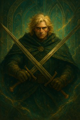 a painting of a man holding two swords