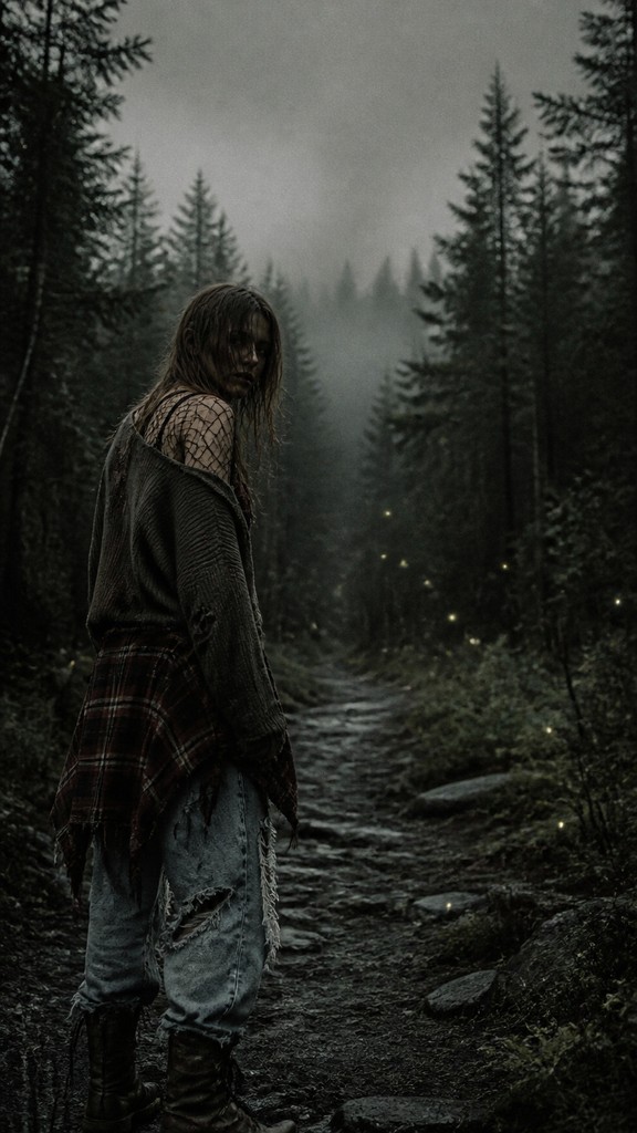 a mysterious forest path with fireflies and drifting mist, atmospheric vertical composition with open space at the top, no text
