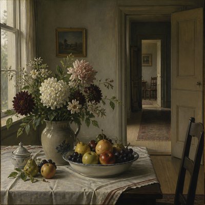 still life arrangement of fruits and flowers