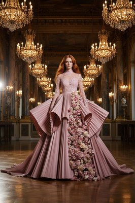 Photorealistic High Fashion Photography, Cinematic Lighting. A breathtaking woman with long, flowing, vibrant red hair cascading gracefully down her back. She is wearing a modest yet magnificent avant-garde ballroom gown in soft rose-pink.

    The dress features a high-neckline lace bodice with a sophisticated, non-transparent lining and elegant, sheer long sleeves adorned with delicate pink floral embroidery at the cuffs. The waist transitions into an extraordinary, voluminous skirt made of massive, sharp fan-like pleats and sculptural ruffled layers that create a dramatic silhouette.

    Beautiful cascading silk roses and cherry blossoms trail from the waist down the side of the structural pleats. She stands in the center of an opulent, gold-leafed grand ballroom under the glow of massive crystal chandeliers. The lighting is warm and ethereal, highlighting the shimmering textures of the fabric and the rich contrast of her red hair. High-end fashion editorial style, 8k resolution, graceful and dignified.