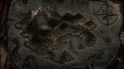 a map of an island realm with mountains, forests, a sheltered bay, sea monsters in the water and a compass rose, no text labels