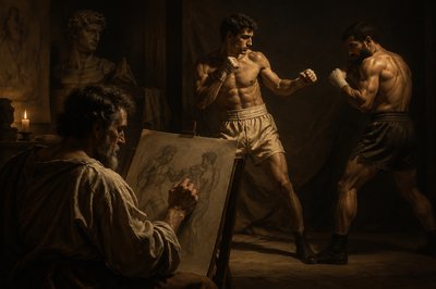 Michelangelo drawing with two boxers posing for him