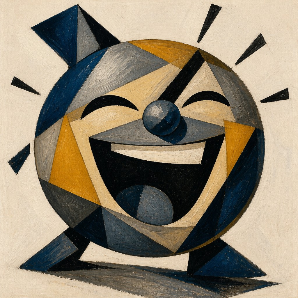 an exaggerated laughing face of an original round mascot character, bold and readable at small size, plain background, no text