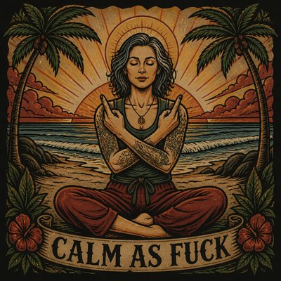 woman - 40
in pose Sukhasana
on beach with sunrise behind her
facing camera
eyes closed
arms crossed in front of body
hands giving the middle finger

Text: Calm As Fuck 