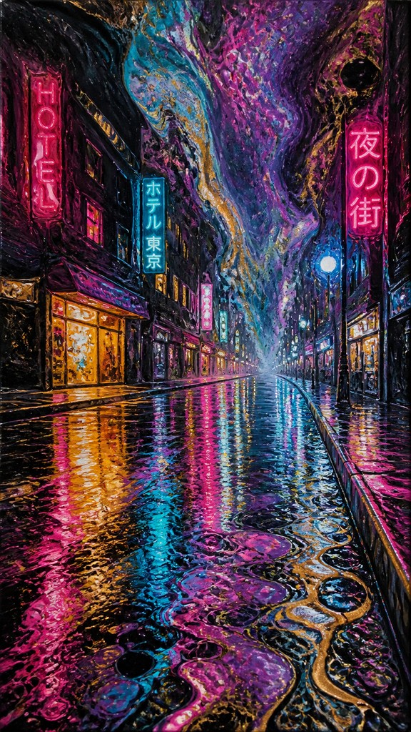 a quiet rainy city street at night reflecting neon signs, no people