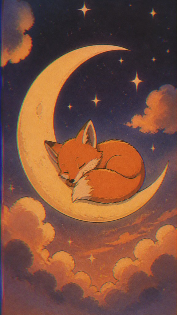a sleeping baby fox curled on a crescent moon among soft stars, gentle and warm, no text