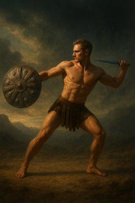 a painting of a man holding a shield and sword