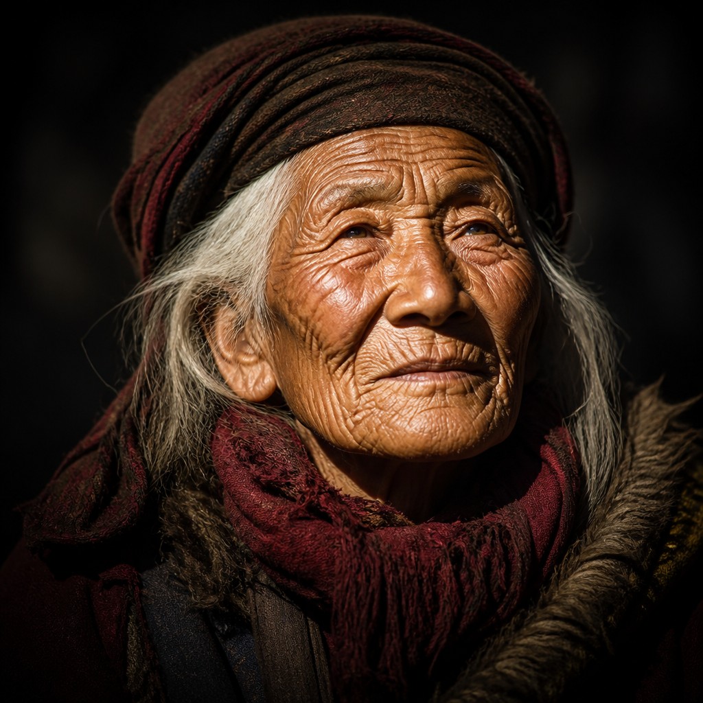 close-up portrait of an elderly person with expressive weathered features — Dramatic Emphasis Art Style