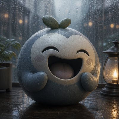 an exaggerated laughing face of an original round mascot character, bold and readable at small size, plain background, no text