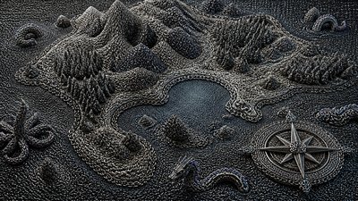 a map of an island realm with mountains, forests, a sheltered bay, sea monsters in the water and a compass rose, no text labels