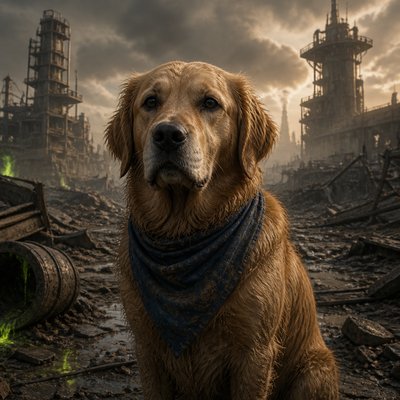 portrait of a golden retriever wearing a blue bandana, warm plain backdrop, no text