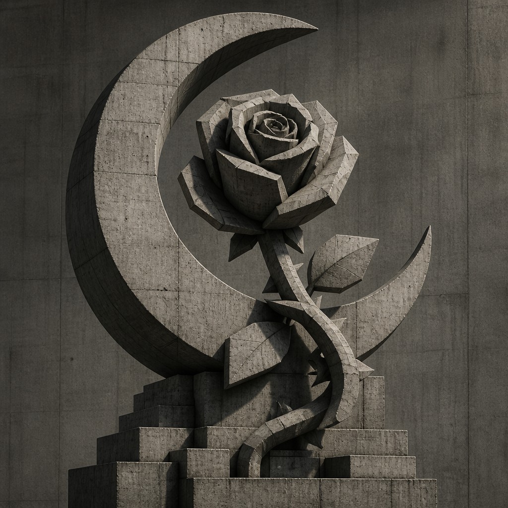 a rose entwined with a crescent moon, clean balanced composition on a plain background, no text