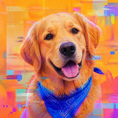 portrait of a golden retriever wearing a blue bandana, warm plain backdrop, no text