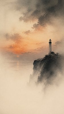 a lone lighthouse on a cliff at dusk under a dramatic sky, no text or lettering