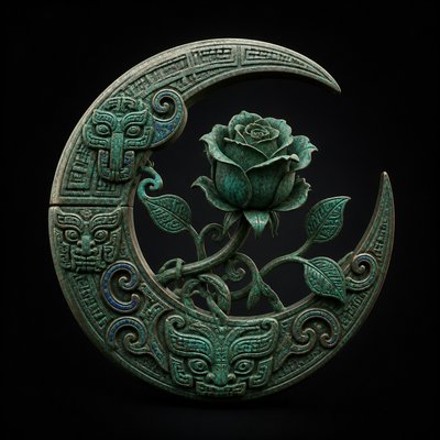 a rose entwined with a crescent moon, clean balanced composition on a plain background, no text