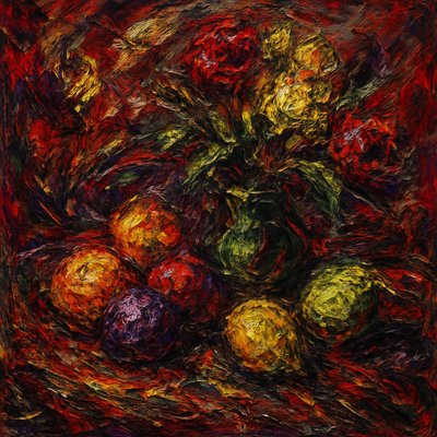 still life arrangement of fruits and flowers