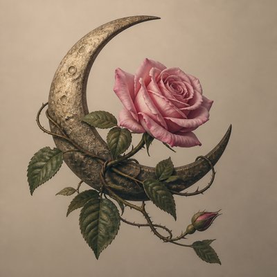 a rose entwined with a crescent moon, clean balanced composition on a plain background, no text