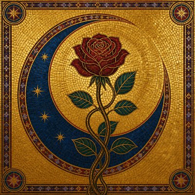 a rose entwined with a crescent moon, clean balanced composition on a plain background, no text
