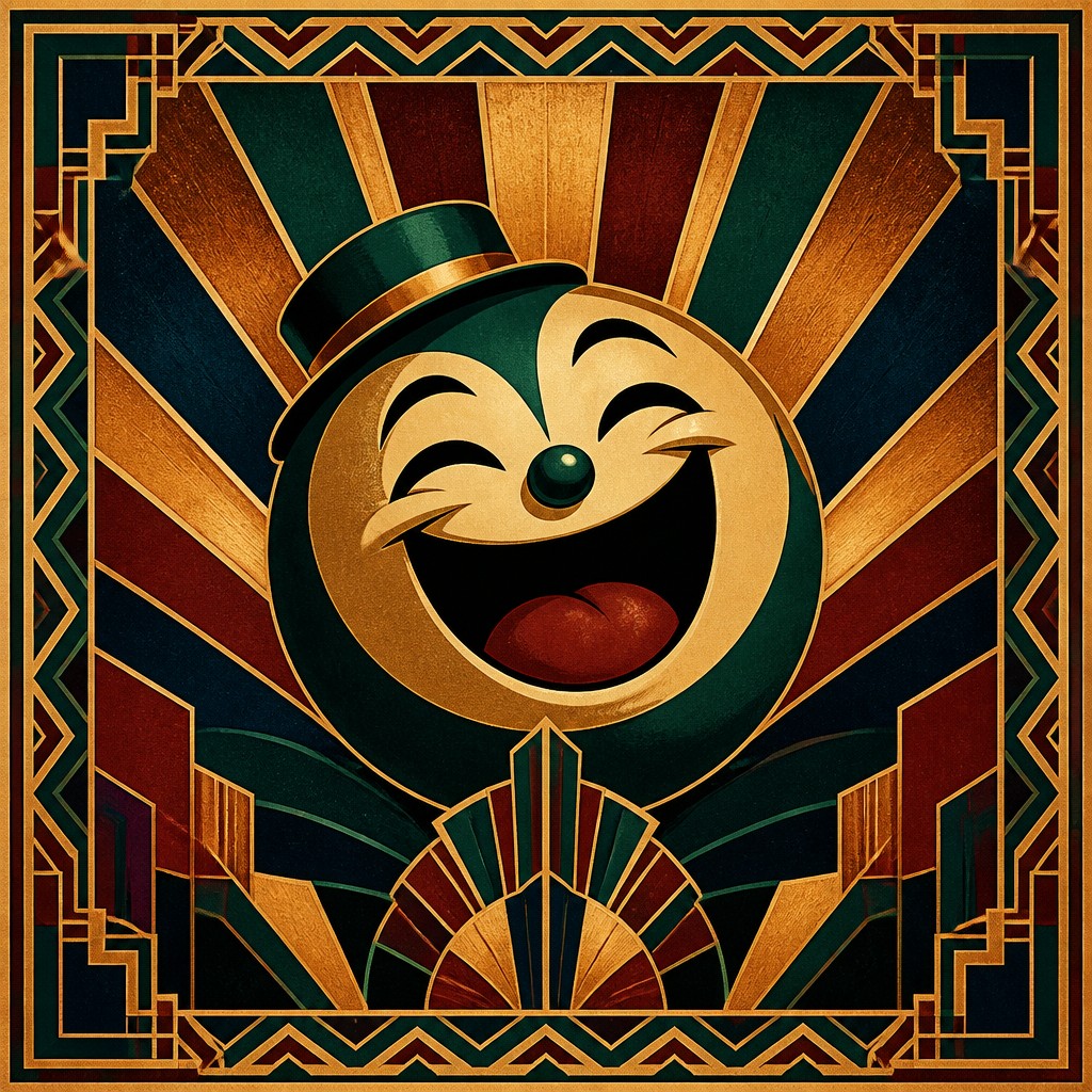 an exaggerated laughing face of an original round mascot character, bold and readable at small size, plain background, no text