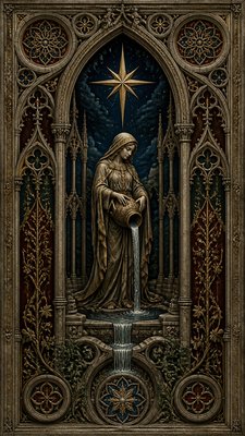 a robed figure pouring water beneath a large eight-pointed star in a night sky, symmetrical composition with an ornate decorative border, no text