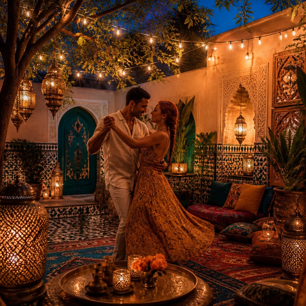 an original couple dancing under string lights in a garden at dusk: a man with short black hair in a linen shirt and a woman with braided red hair in a summer dress