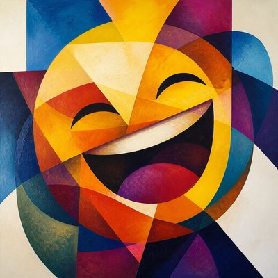 an exaggerated laughing face of an original round mascot character, bold and readable at small size, plain background, no text