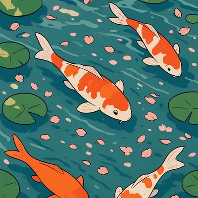 A koi pond seen from above, orange and white koi fish swimming among lily pads, clear water with subtle ripples, fallen cherry blossom petals floating on the surface, dappled sunlight