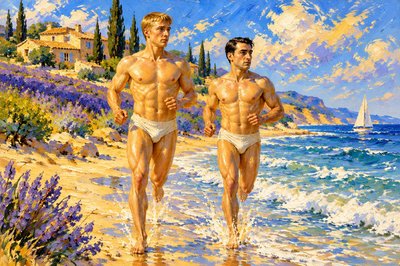 a painting of two men running on a beach