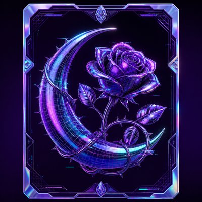 a rose entwined with a crescent moon, clean balanced composition on a plain background, no text