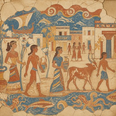 urban street with city activity — Minoan Fresco Art Style