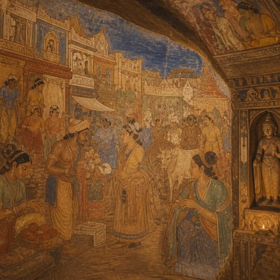 urban street with city activity — Ajanta Art Style