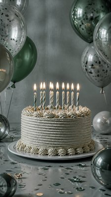 a birthday cake with lit candles surrounded by balloons and confetti, festive vertical composition, no text