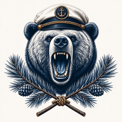 a roaring bear head above crossed pine branches, bold graphic composition on a plain background, no text