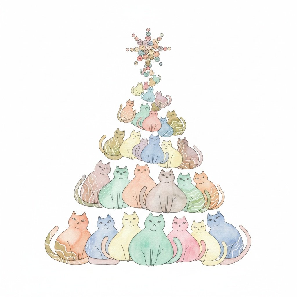  a whimsical christmas tree made of cats, with many small cats stacked on top to form the shape of an xmas star, white background, simple watercolor style, minimalism, pastel tones, simple details, hand-drawn illustration, pasted picture, simple lines, simple drawing style, white background, white space