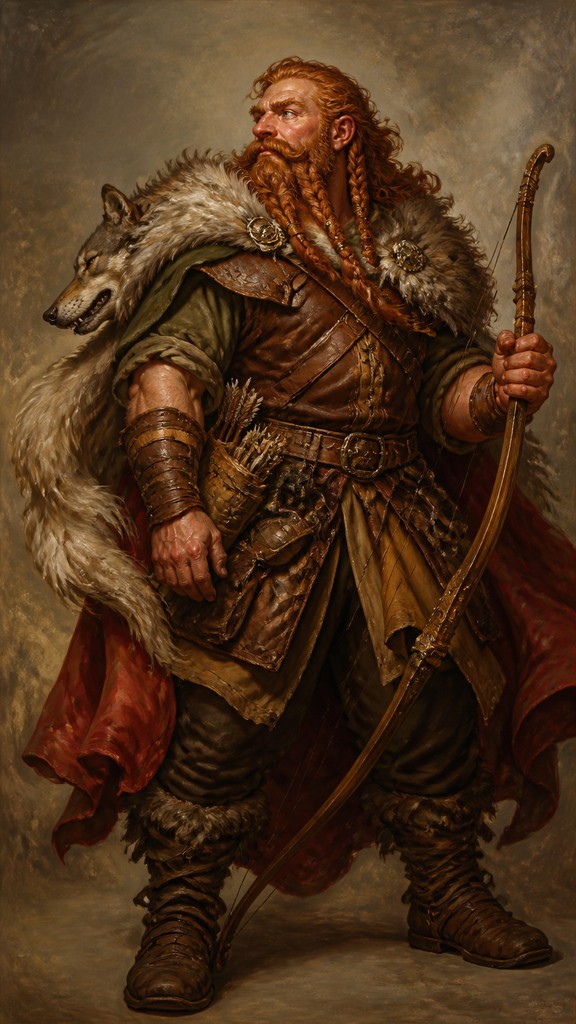 full-body original character: a dwarven ranger with a braided auburn beard, worn leather armor, a longbow and a wolf-pelt cloak, neutral background, no text