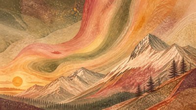 a flowing aurora over snowy peaks, wide sweeping composition, no people, no text