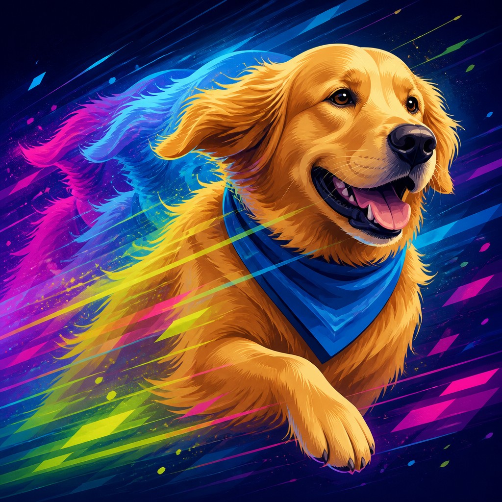 portrait of a golden retriever wearing a blue bandana, warm plain backdrop, no text