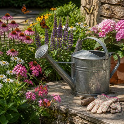a garden scene with butterflies, flowers and a watering can, clean uncolored line art, no text