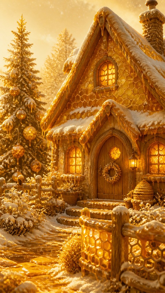 a snow-covered cottage with warm glowing windows beside a decorated pine tree, gentle snowfall, no text